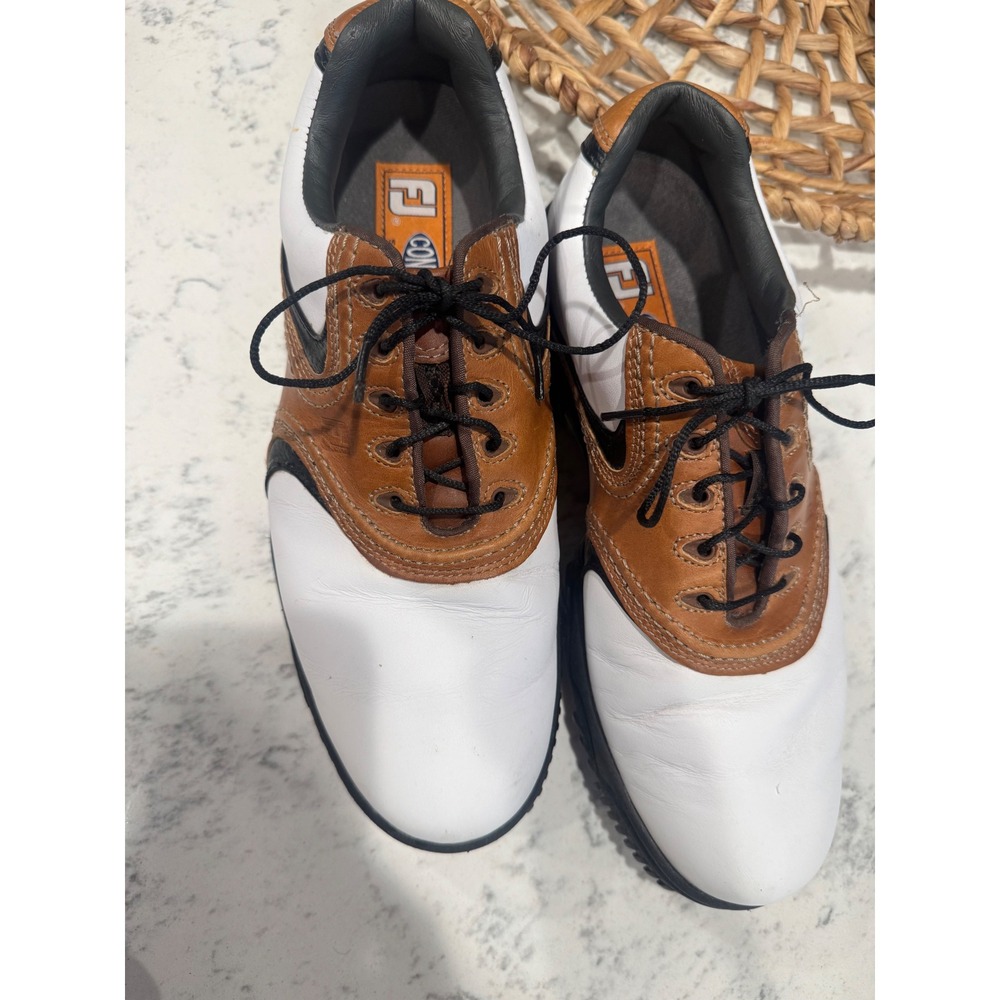 FootJoy Contour Series Mens 9 M Golf Shoes White Brown Leather Spiked 54002